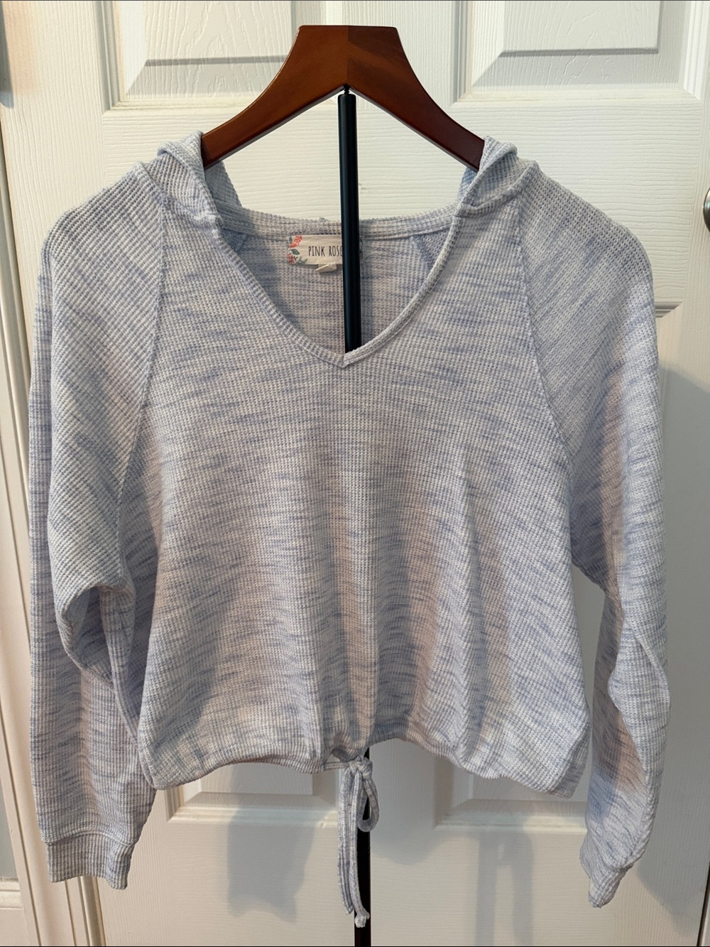 Pink Rose Pale Blue V-Neck Hooded Drawstring Pullover